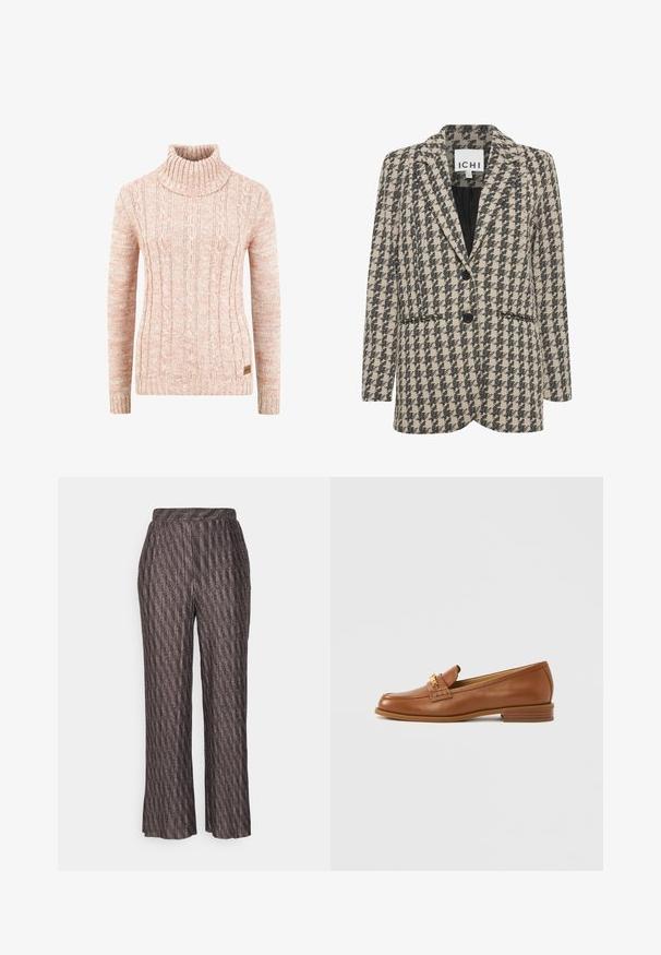 Sakový blejzer s houndstooth vzorom v béžovej a čiernej farbe, s jednopriecestným dizajnom, ľahko stiahnutými klopami a dvoma prednými vreckami.; Pletený svetrový rolák v jemnej broskyňovej farbe s textúrovaným káblovým vzorom, dlhými rukávmi a tkanou značkovou etiketou na leme.; Object OBJLUX PANTS - Nohavice - black; Kožená mokasína v hnedej farbe s zaoblenou špičkou, dekoratívnym remienkom a malým podpätkom. Hladká textúra, jemné detaily šitia a zlaté kovanie.