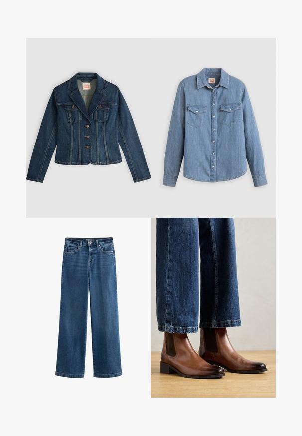 Dunkelblaue Jeansjacke mit langen Ärmeln, drei Vorderknöpfen, zwei Brusttaschen und einem gekerbten Kragen, flach auf hellem Hintergrund ausgebreitet.; Hellblaues Jeanshemd mit langen Ärmeln, Knopfleiste vorne, zwei Brusttaschen und klassischem Kragen. Glatte Textur und lockere Passform.; Blaue weit geschnittene Jeans aus Denim mit hoher Taille, fünf Taschen, subtilen Abnutzungserscheinungen, Knopfverschluss und kontrastierenden Nähten.; Braune Lederankelstiefel mit elastischen seitlichen Einsätzen, quadratischer Zehenform und niedrigem Blockabsatz, getragen mit blauen Jeans. Hartholzboden darunter.