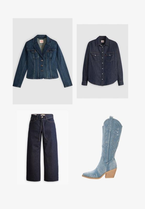 Mørkeblå denimjakke med lange ærmer, tre knapper foran, to brystlommer og en hakket krave, lagt fladt på en lys baggrund.; Mørkeblå denimskjorte med lange ærmer, knaplukning fortil, to brystlommer med klapper og kontrasterende gule sømme.; Bredde ben mørkeblå denim jeans med høj talje, der har snoretræk, fem lommer og kontrastsyet detaljer.; Denim cowboy støvle, lys blå, spidse tæer, udskårne detaljer med trekantede former, lav skridttabel, tekstureret finish.