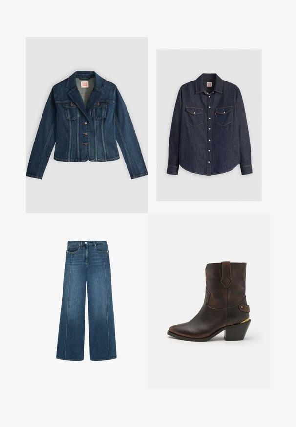 Mørkeblå denimjakke med lange ærmer, tre knapper foran, to brystlommer og en hakket krave, lagt fladt på en lys baggrund.; Mørkeblå denimskjorte med lange ærmer, knaplukning fortil, to brystlommer med klapper og kontrasterende gule sømme.; Bredde ben jeans i mørkeblå denim med kontrasterende hvid sying, fem-lomme design og en knaplukning i taljen.; Brune læder cowboystøvle med spids tå og stablet hæl. Har et dekorativt diamantmønster og en rem med hardware-detajle.