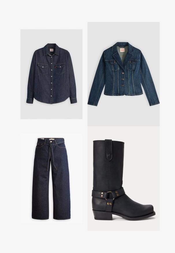 Donkerblauwe spijkerjas met lange mouwen, drie knopen aan de voorkant, twee borstzakken en een ingesneden kraag, plat neergelegd op een lichte achtergrond.; Donkerblauwe denim overhemd met lange mouwen, kraag met knopen aan de voorkant, twee borstzakken met kleppen en contrasterende gele stiksels.; Wijd pijpjes donkerblauwe denim jeans met een hoge taille, voorzien van een trekkoord, vijf zakken en contrasterende stiksels.; Zwarte leren laars tot halverwege de kuit met lage hak, ronde neus en decoratieve band met metalen klinknagels en ring rond de enkel.