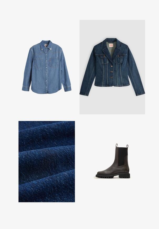 Donkerblauwe spijkerjas met lange mouwen, drie knopen aan de voorkant, twee borstzakken en een ingesneden kraag, plat neergelegd op een lichte achtergrond.; Lichtblauwe denim overhemden met lange mouwen, puntige kraag, twee borstzakken en contrasterende stiksels. Heeft een westers stijl yoke ontwerp.; Donkerblauwe denimstof met een subtiele textuur, voorzien van zichtbare stiksels en een lichte glans, met verzachte plooien en variërende tinten.; Bruine leren chelsea boot met elastische zijkanten, een trekhaak en een robuuste rubberen zool met diepe noppen voor grip.