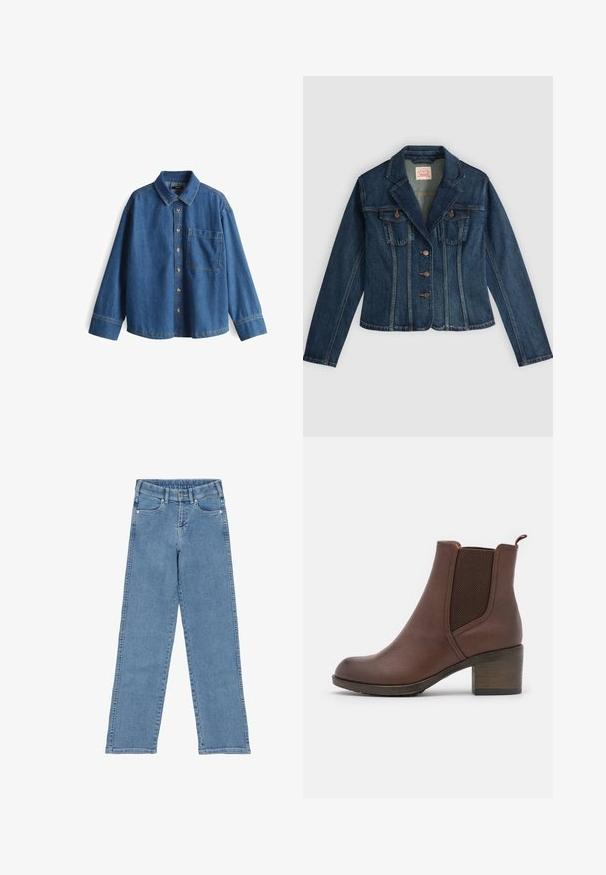 Dunkelblaue Jeansjacke mit langen Ärmeln, drei Vorderknöpfen, zwei Brusttaschen und einem gekerbten Kragen, flach auf hellem Hintergrund ausgebreitet.; Jeanshemd, hellblau, langärmlig, Knopfleiste vorne, Kragen, eine Brusttasche, kontrastierende Nähte und ein lässiger Schnitt.; Hellblaue Jeans aus Denim mit hohem Taillendesign, geraden Beinen und Eingrifftaschen. Verfügt über einen knopfverschluss und silberfarbene Hardware.; Braune Leder-Ankle Boots mit glatter Oberfläche, elastischen Seitenblenden, abgerundeter Zehenpartie und moderatem Holzabsatz.