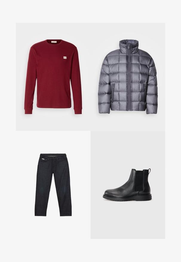 Grijze pufferjack met hoge kraag en rits aan de voorkant, voorzien van twee met rits sluitbare zijzakken en een gewatteerd vierkant patroon.; Langärmelige shirt van bordeaux ribstof met een ronde hals en een klein logo op de linkerborst.; Donkerblauwe spijkerbroek met rechte pijpen, voorzien van vijf zakken en minimale stikseldetails voor een strakke uitstraling.; Zwarte leren Chelsea boots met een gestructureerde afwerking, elastische zijpanelen en een stevige rubberen zool. Subtiele branding op de hiel.