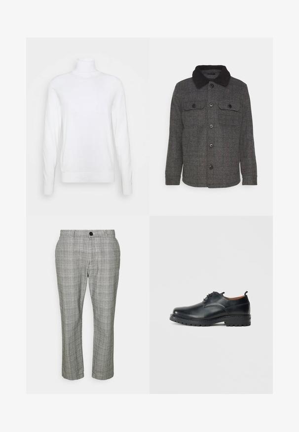 Brave Soul AUGUSTCH - Veste légère - charcoal; Pull à col roulé blanc avec des manches longues, fabriqué en tissu lisse. Présente un design ajusté et des poignets et un ourlet côtelés. Pas de motifs ni d'accents.; Pantalons à carreaux gris avec une coupe ajustée, dotés d'une fermeture à glissière, d'une fermeture à bouton et de poches latérales. Le tissu a une texture lisse.; Chaussures derby en cuir noir avec une texture lisse, bout rond, design à lacets et une semelle en caoutchouc épaisse et robuste.