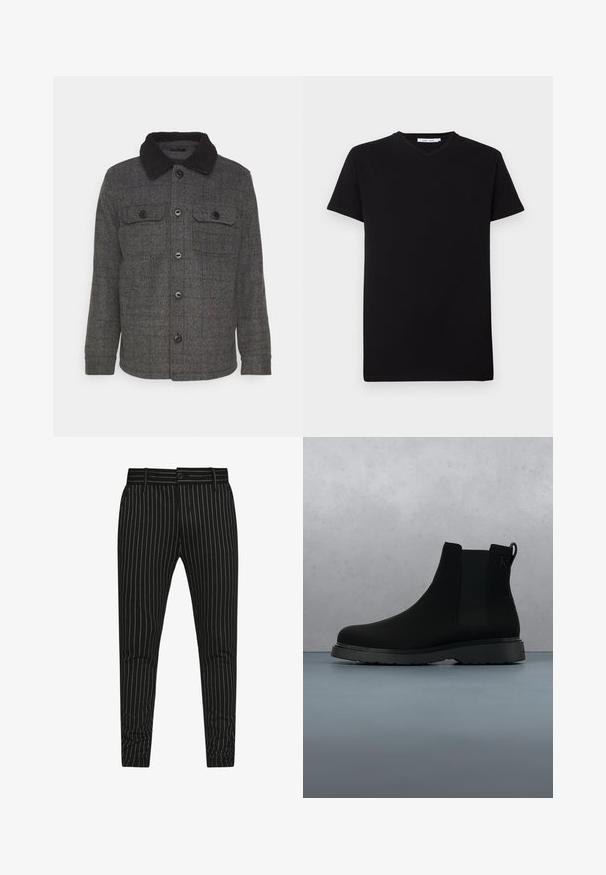 Brave Soul AUGUSTCH - Let jakke / Sommerjakker - charcoal; Sort bomulds T-shirt med korte ærmer og V-hals. Simpelt design, ensfarvet og blød tekstur. Ingen synlige mønstre eller detaljer.; Sorte stribede bukser med lodrette hvide striber, i en slim fit-design, og med knaplukning samt bæltestropper for justerbar pasform.; Sort ankelstøvle lavet af glat materiale med diskrete syninger, en gummisål og et strømlinet design, placeret over en overflade med træstruktur.