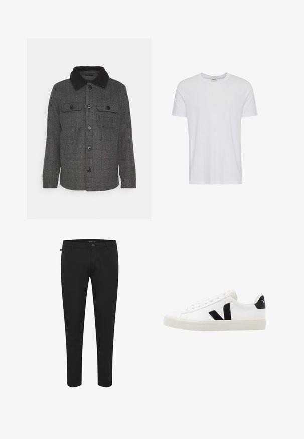 Brave Soul AUGUSTCH - Lichte jas - charcoal; Effen wit T-shirt met korte mouwen en een ronde hals, getoond op een witte achtergrond, met een klein neklabel waarop het merk “Solid” staat.; Zwarte broek van gladde stof. Heeft een knoopsluiting, lussen voor een riem en een slim fit ontwerp met taps toelopende pijpen. Geen zichtbare patronen.; Witte leren sneaker met zwarte suède accenten; voorzien van een rubberen zool, ronde neus en een klassieke vetersluiting. Zijkant met logo in het zwart.