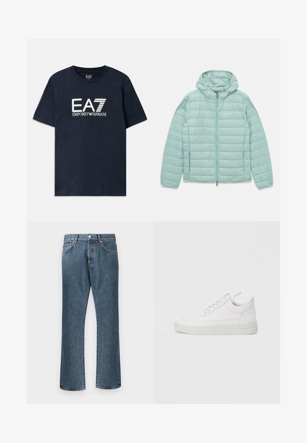 Lys mintgrøn quiltet hættejakke med fuld frontlynlås og EA7 Emporio Armani-logo på venstre bryst.; Blå bomulds t-shirt med korte ærmer og rund halsudskæring. Har et fremtrædende hvidt EA7 Emporio Armani-logo på forsiden.; Blå denim jeans med lige ben design, der har en klassisk knap- og lynlås lukning, fem lommer og subtilt slid.; Hvid lædersneaker med rundet tå, flad sål og snørebånd foran. Har syningsdetaljer og polstret krave for komfort.