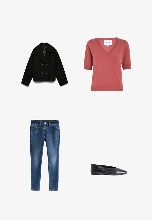 Caban en laine noire mélangée avec un design croisé, de grands revers et deux poches à l'avant. Comprend des fermetures à boutons et une coupe courte.; Minus MILLA V- NECK KNIT TEE 1 - T-shirt basique - dusty cedar red melange; Jean en denim bleu foncé, coupe slim, avec une fermeture à bouton, cinq poches et un léger délavage sur le devant pour apporter de la texture.; Ballerine plate en cuir noir avec un bout pointu, une texture lisse, un design minimaliste et un petit talon pour la stabilité.