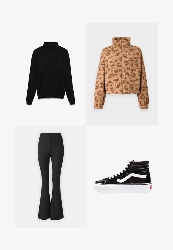 Kunstpels cropped jakke i tan med brune leopardpletter, høj krave og lynlås foran, med blød tekstur og elastiske manchetter.; Sort rullekrave-trøje lavet af strikket stof. Har lange ærmer, ribbet krave og en afslappet pasform. Ingen synlige mønstre eller detaljer.; Sorte buks med flared design lavet af strækbart stof. Har en høj talje og et glat, tætsiddende design, der flared ud fra knæet og ned.; Sorte høj-top sneakers med hvide snørebånd, et hvidt logo og kontrasterende hvid syning. Har en tyk hvid sål og struktureret ruskindsoverdel.