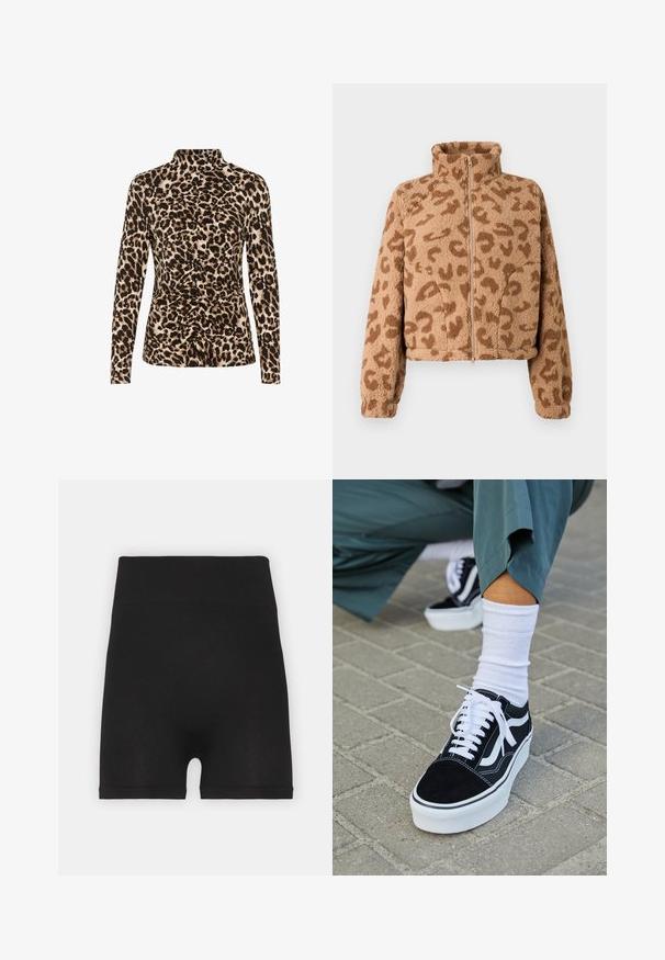 Kunstpels cropped jakke i tan med brune leopardpletter, høj krave og lynlås foran, med blød tekstur og elastiske manchetter.; Langærmet top med høj krave, leopardprint i brune og beige nuancer, og med rynkedetaljer foran for formgivning.; Sorte ribbede cykelshorts med høj talje og blød tekstur, der har en glat overflade og ingen synlige sømme.; Sorte ruskinds sneakers med hvide accenter og snørebånd, der har en tyk hvid sål og kontrasterende syninger, parret med en hvid sok.