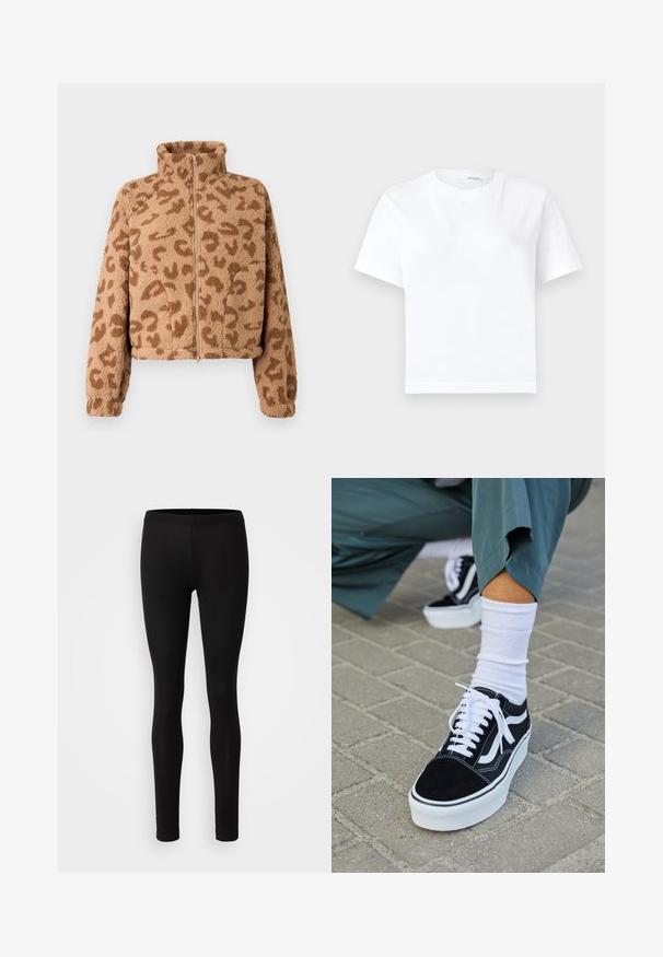 Kunstpels cropped jakke i tan med brune leopardpletter, høj krave og lynlås foran, med blød tekstur og elastiske manchetter.; Hvid kortærmet bomuld t-shirt med rund halsudskæring og lige kant, vist på en hvid baggrund.; Sorte leggings lavet af et blødt, strækbart stof. De har en tætsiddende pasform med elastisk talje og en glat, mat overflade.; Sorte ruskinds sneakers med hvide accenter og snørebånd, der har en tyk hvid sål og kontrasterende syninger, parret med en hvid sok.