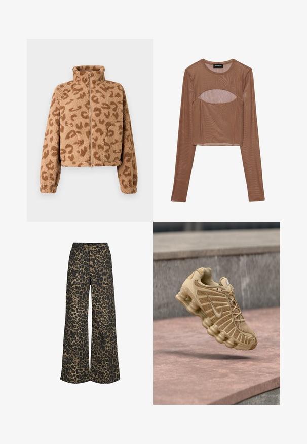Kunstpels cropped jakke i tan med brune leopardpletter, høj krave og lynlås foran, med blød tekstur og elastiske manchetter.; Brun mesh langærmet cropped top med rund halsudskæring og en udskæring ved brystet. Letvægtsstof med gennemsigtig tekstur.; Bukser med vide ben med et brunt og sort leopardmønster over det hele samt foran med knapper og lynlås.; Beige sportssko med meshoverdel og struktureret støtte, med en polstret sål med synlige air-enheder og teksturerede detaljer.
