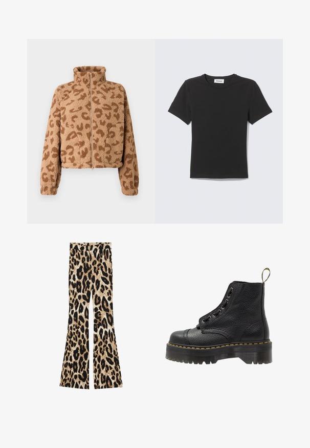Veste courte en fausse fourrure couleur beige avec des taches léopard marron, col haut et fermeture éclair devant, dotée d'une texture douce et de poignets élastiques.; T-shirt noir à manches courtes col rond posé à plat avec une petite étiquette blanche à l'intérieur du col sur un fond clair.; Pantalons évasés avec un motif léopard dans des tons de noir et de marron, texture côtelée et une taille haute.; Bottines en cuir noir avec surface texturée, bout arrondi, lacets, coutures jaunes et une épaisse semelle noire crantée.