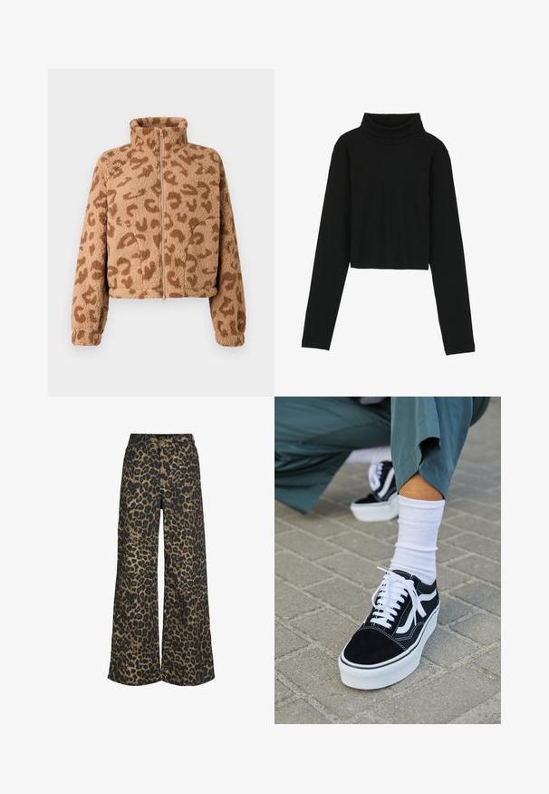 Kurz geschnittene Jacke aus Kunstpelz in Beige mit braunen Leopardenflecken, hohem Kragen und Reißverschluss vorne, mit weicher Textur und elastischen Bündchen.; Even&Odd by Zalando Langarmshirt - black; Weit geschnittene Hose mit durchgehendem braun-schwarzem Leopardenmuster und vorderem Knopf- und Reißverschluss.; Schwarze Wildledersneaker mit weißen Akzenten und Schnürsenkeln, ausgestattet mit einer dicken weißen Sohle und kontrastierenden Nähten, kombiniert mit einer weißen Socke.