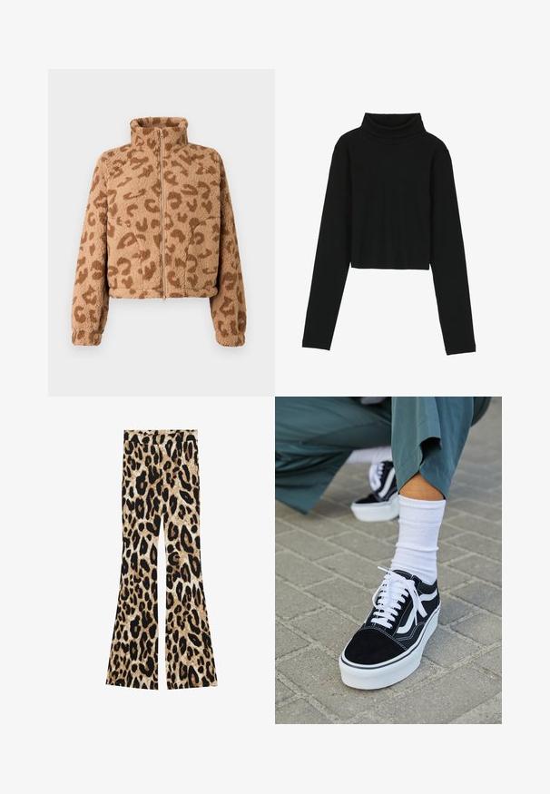 Veste courte en fausse fourrure couleur beige avec des taches léopard marron, col haut et fermeture éclair devant, dotée d'une texture douce et de poignets élastiques.; Even&Odd T-shirt à manches longues - black; Pantalons évasés avec un motif léopard dans des tons de noir et de marron, texture côtelée et une taille haute.; Baskets en suède noir avec des accents et des lacets blancs, présentant une épaisse semelle blanche et des coutures contrastantes, associées à une chaussette blanche.