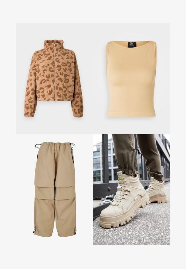 Kunstpels cropped jakke i tan med brune leopardpletter, høj krave og lynlås foran, med blød tekstur og elastiske manchetter.; Beige, riflet ærmeløs crop top med rund halsudskæring og en tætsiddende silhuet. Materialet ser glat og strækbart ud. Etiket synlig ved halsudskæringen.; Beige cargo bukser med elastisk talje, lagdelt design og sidelommer. Har justerbare manchetter med toggles for en tilpasset pasform.; Beige high-top sneakers med en chunky, tekstureret sål, snørebåndsdesign og gule accentmærker. Tekstureret læderoverdel med kontrasterende syninger.