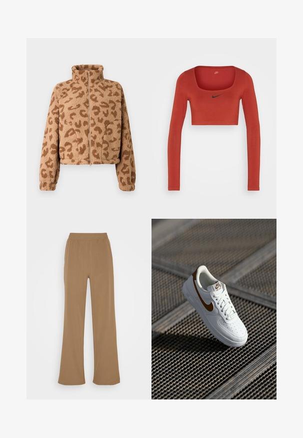 Imitatsioonkarvaga lühike jakk beežikaspruunide leopardimustritega, kõrge krae ja ees tõmblukuga, pehme tekstuuri ning elastsete varrukaservadega.; Nike Sportswear W NSW LS CROP TOP SW - Pikkade varrukatega topp - rugged orange/black; Noisy May NMKIRBY STRING PANTS - Püksid - capers; Valged nahast tossud, millel on augud, pruun Nike swoosh ja paelad. Iseloomulik tekstuuriga talla ja polsterdatud kraega.
