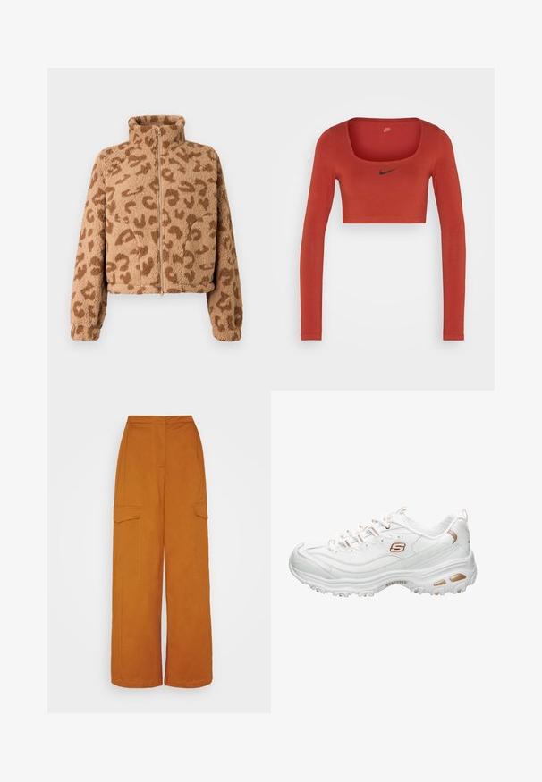 Kort jasje van nep bont in tan met bruine luipaardvlekken, hoge kraag en ritssluiting aan de voorkant, met een zachte textuur en elastische manchetten.; Nike Sportswear W NSW LS CROP TOP SW - Longsleeve - rugged orange/black; 87Origins TROUSERS - Cargobroek - ginger; Witte sportschoen gemaakt van glad synthetisch materiaal. Bevat getextureerde accenten, metallic gouden details, vetersluiting en een gevoerde zool.
