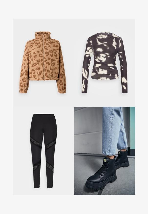 Kunstpels cropped jakke i tan med brune leopardpletter, høj krave og lynlås foran, med blød tekstur og elastiske manchetter.; ONLY ONLPARIS RUCHING - Langærmet T-shirt - phantom/white; Sorte leggings med trekantede udskæringer accentueret med sort blonde i siderne, lavet af et strækbart stof med en tætsiddende pasform.; Person iført lyseblå jeans og sorte chunky snørestøvler, der står på et betongulv nær en væg.