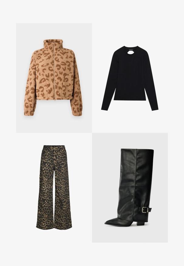 Veste courte en fausse fourrure couleur beige avec des taches léopard marron, col haut et fermeture éclair devant, dotée d'une texture douce et de poignets élastiques.; Chemise noire à manches longues en tissu doux, avec un col rond et un petit décolleté à l'avant.; Pantalon à jambes larges avec un imprimé léopard marron et noir sur toute la surface, fermeture à l'avant par boutons et zip.; Bottes noires en cuir longueur cheville avec un bout pointu, texture lisse et une accent en boucle argentée sur le côté. Talon carré épais.