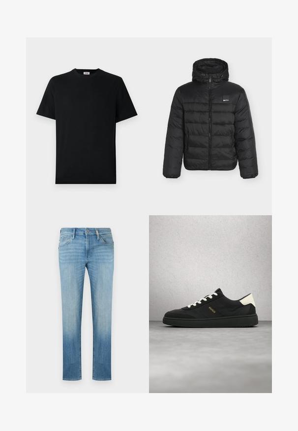 Chaqueta acolchada negra con costuras horizontales, cremallera completa en el frente, capucha con cordones, bolsillos laterales con cremallera y pequeño logo cuadrado en el pecho.; Camiseta básica negra de manga corta con cuello redondo, exhibida plana sobre un fondo blanco, con una pequeña etiqueta de la marca en el interior del collar.; Jeans de pierna recta azul claro con cierre frontal de botones, cremallera, presillas para cinturón y pequeño logo en el bolsillo frontal derecho.; Zapatilla negra con cordones blancos y lengüeta en el talón, con el logo "HUGO" en el lateral, mostrada en el aire sobre un fondo de suelo gris y pared de bloques de vidrio.
