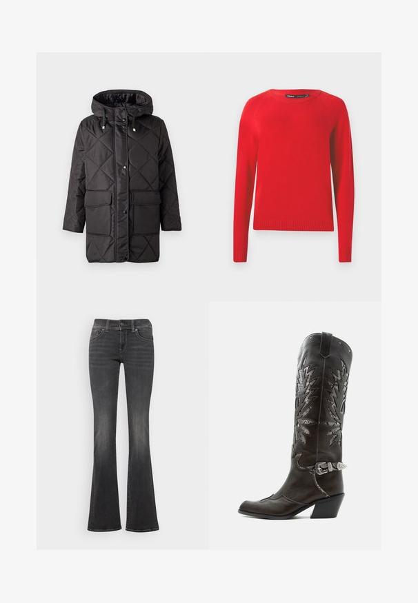 Vero Moda VMMILLIE - Manteau d'hiver - black; Pull rouge en tissu lisse, avec un col rond, des poignets et un ourlet côtelés. Design simple avec des manches longues.; Jean en denim gris foncé avec un léger délavage, taille mi-haute, fermeture à bouton et légère évasement aux ourlets.; Botte de cowboy en cuir noir avec découpes décoratives, boucle argentée et talon incliné, présentée sur fond blanc.
