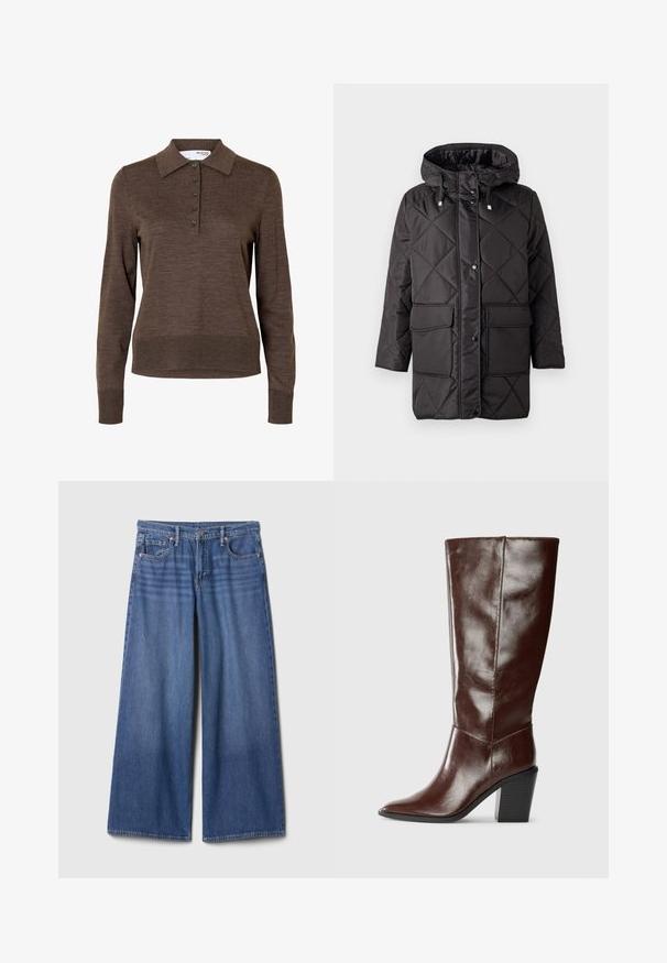 Vero Moda VMMILLIE - Zimný kabát - black; Hnedé dámske polo s dlhým rukávom, golierom a piatimi prednými gombíkmi, vyrobené z jemnej pleteniny.; Džínsy s širokými nohavicami v stredne modrej farbe, s vysokým pásom, piatimi vreckami a zdobením švov. Hladká textúra, čistý povrch bez ozdôb.; Vysoká tmavo hnedá kožená topánka s špicatou špičkou a blokovým podpätkom, zobrazená zboku na jednofarebnom pozadí.