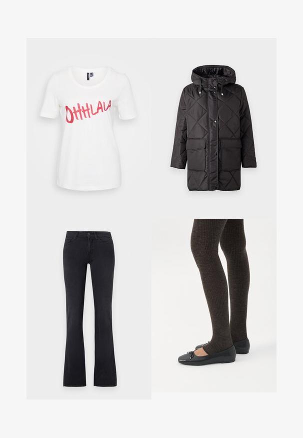 Vero Moda VMMILLIE - Χειμωνιάτικο παλτό - black; Λευκή βαμβακερή μπλούζα T-shirt με κοντά μανίκια, που φέρει αστραφτερό κόκκινο κείμενο "OHHLALA" μπροστά σε παιχνιδιάρικη καλλιγραφική γραμματοσειρά.; Μαύρο τζιν από denim με ψηλή μέση, εμπρόσθιο κουμπί και φερμουάρ, πέντε τσέπες και ελαφρώς φαρδιά πόδια.; Πόδια με σκουρόχρωμα ριμπ κολάν συνδυασμένα με μαύρα μπαλαρίνα παπούτσια με μικρές λεπτομέρειες φιόγκων σε λευκό φόντο.