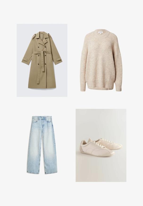 Beige trenchcoat tot op de knie met dubbele rij knopen, een riem, schouderepauletten en manchetsluitingen, plat gelegd op een witte achtergrond.; Beige gebreide trui met een ronde hals, verlaagde schouders en geribbelde manchetten en zoom. Heeft een gestructureerde, licht losse pasvorm.; Lichtblauwe denim wijde jeans met een hoge taille, vijf zakken, een knoopsluiting en een vervaagde afwerking. Heeft rechte, losse benen.; Lichtbeige sport schoenen gemaakt van synthetisch materiaal, met een gladde oppervlakte, vetersluiting en subtiele stiksels.