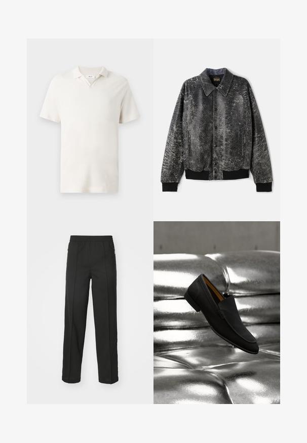 Zwarte en grijze gestreepte jas met een kraag, knoopsluiting aan de voorkant, zijzakken en geribde manchetten en zoom. Zachte textuur.; Korte mouwen polo-shirt in licht crème, met een V-hals, textuurstof en een klassieke pasvorm. Geen zichtbare patronen of accenten.; Zwarte broek van rekbaar materiaal, met een rechte snit, zijzakken met rits en een gladde textuur zonder zichtbare patronen.; Zwarte leren mocassin zweeft boven een glanzend, metallic zilver gekleurd gestoffeerd leren oppervlak.