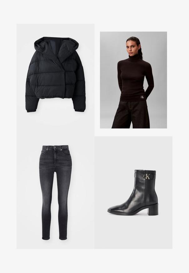 Čierna prešívaná bunda s cropped strihom, s kapucňou, prešívanou textúrou a elastickými manžetami. Minimalistický štýl a ľahký materiál.; Žena s tmavými vlasmi nosí čierny rebrovaný rolák a tmavé široké nohavice na jednoduchom sivom pozadí.; Vysoké, úzke džínsy vyrobené z tmavošedej džínsoviny. Majú päť vreciek a zapínanie na gombík. Hladká textúra s miernym elastickým efektom.; Čierne kožené členkové čižmy s špicatou špičkou, blokovým podpätkom a pásikom s kovovým logom. Hladká textúra a minimalistický dizajn.