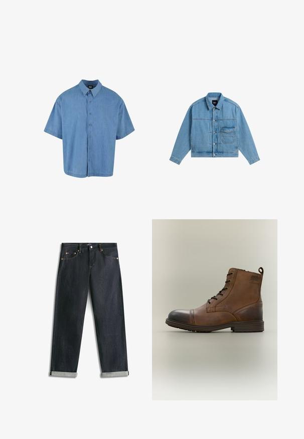 Lyseblå denimjakke med lange ærmer, knaplukning foran, spids krave og enkelt klaplomme på brystet på hvid baggrund.; Lyseblå kortærmet skjorte med knapper lavet af denim. Har en klassisk krave og seks knaplukninger foran.; Mørkeblå denimjeans med opsmøgede bukseben, fem lommer og kontrastsyning, lagt fladt på en hvid baggrund.; Brun læderstøvle med snørebånd, sort tåhætte, rund sål og mærket detalje på siden mod ensfarvet baggrund.