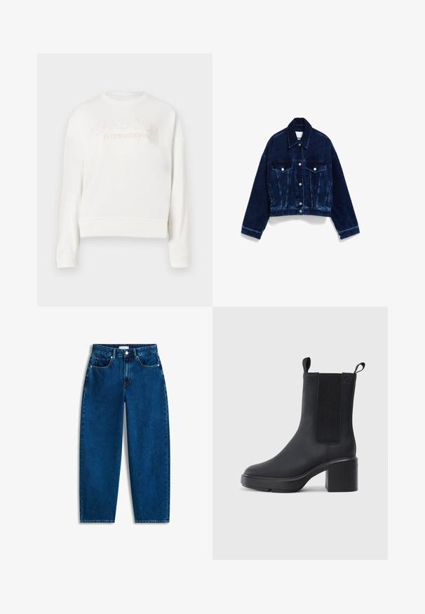 Kort gesneden spijkerjack in donkerblauw, met twee voorzakken, zilverkleurige hardware en contrasterende stiksels. Gestructureerde stof met een klassieke kraag.; Witte sweatshirt van zacht materiaal, met een ronde halslijn, lange mouwen en het logo "Barbour International" in lichtroze.; Blauwe denim jeans met een relaxte pasvorm, rechte pijpen, vijfzakkenontwerp en knoopsluiting. Heeft subtiele stikseldetails.; Zwarte enkellaars met een gladde rubberen materiaal, elastische zijkanten, blokhak en instaplipjes aan de bovenkant voor makkelijk aan- en uittrekken.