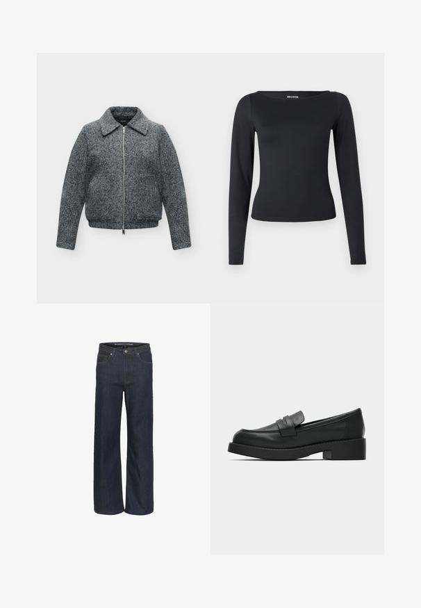 Graue Wollmischjacke mit durchgehendem Frontreißverschluss, zwei Fronttaschen, langen Ärmeln und weitem Kragen.; Schwarzes Langarmoberteil mit Rundhalsausschnitt aus elastischem Stoff, mit figurbetonter Silhouette und glatter Textur.; Dunkelblaues, weites Jeanspaar mit hoher Taille, das über fünf Taschen, kontrastierende Nähte und einen rohen Saum am unteren Ende verfügt.; Schwarze Leder-Loafer mit glatter Textur, rund zulaufender Spitze und niedrigem Blockabsatz. Verfügen über einen Riemen über dem Spann für zusätzliche Details.