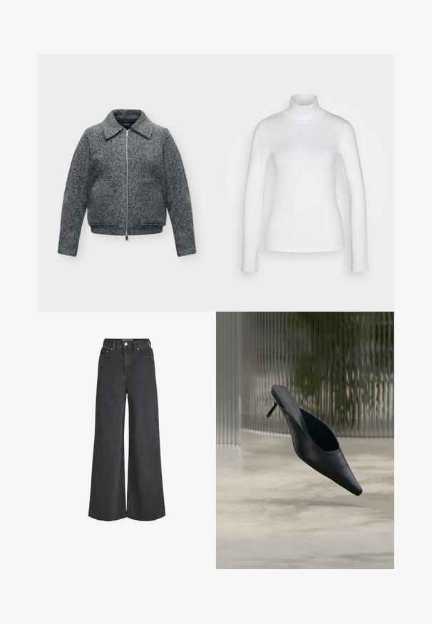 Grijze jas van wolmix met volledige voorrits, twee voorzakken, lange mouwen en een brede kraag.; Witte langemouwen turtle neck shirt van een soepel, rekbaar stof. Heeft een strakke pasvorm en een hoge kraag. Geen zichtbare patronen of accenten.; Zwarte high-waist jeans met wijde pijpen, sluiting aan de voorkant met knopen en rits, voorzakken en rafelige zoom.; Zwarte mule met puntige neus en dunne hoge hak, die boven een gladde betonnen vloer zweeft, met een wazige verticale gestreepte achtergrond.