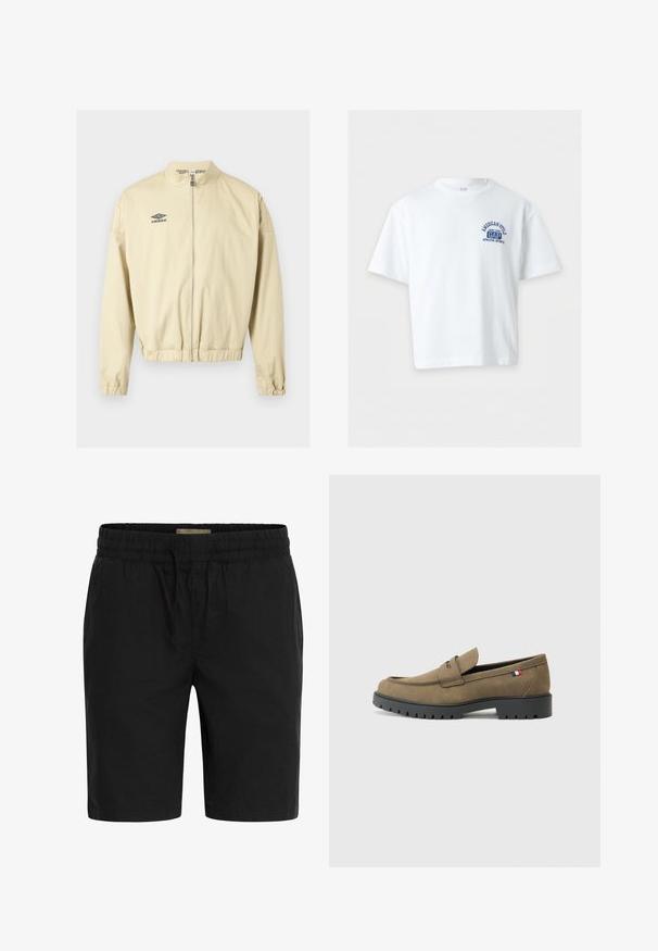 Chaqueta beige con cremallera, cuello alto, puños y dobladillo elásticos, con un pequeño logo negro de Umbro en el pecho izquierdo.; Camiseta blanca de manga corta GAP con el texto azul "American Style New York GAP Athletic Sports" en el lado izquierdo del pecho, mostrada sobre un fondo liso.; Pantalones cortos negros hechos de una tela ligera, que cuentan con una cinturilla elástica con cordón y bolsillos laterales para mayor comodidad.; Mocasines de ante marrón con punta redondeada, suela de goma negra y costuras decorativas. Presenta un pequeño acento de bandera roja, blanca y azul.