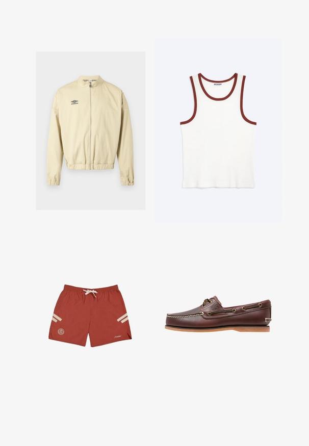 Veste beige avec fermeture éclair, col montant, poignets et ourlet élastiques, arborant un petit logo noir Umbro sur la poitrine gauche.; Débardeur blanc sans manches avec bordure marron sur l'encolure et les emmanchures, étiqueté "Weekday" à l'intérieur du col.; PROHIBITED Short - red cream; Chaussure bateau en cuir marron avec coutures blanches, détails de lacets et semelle en caoutchouc beige, vue de côté sur fond blanc.