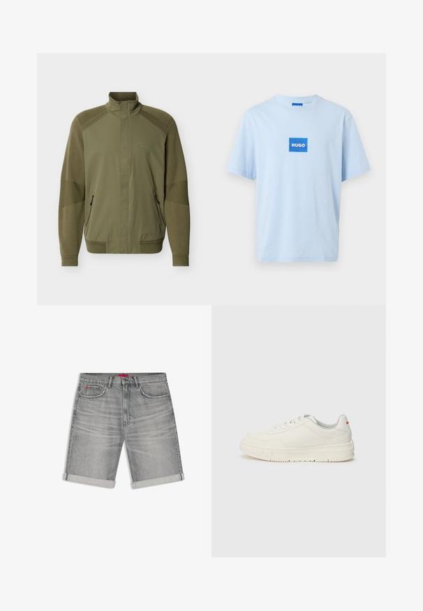 Olivengrøn lynlåstrøje med høj krave, ribbede manchetter og kant, teksturerede strikkede ærmer samt "Porsche BOSS"-logo på brystet.; Lyseblå T-shirt med korte ærmer og en blå firkantet logo centreret på brystet med ordet "HUGO" i hvide bogstaver.; Grå denimshorts med optrukne kanter, forreste knap, bæltestropper samt for- og møntlomme med et lille rødt mærke.; Hvide sneakers med en glat læderoverdel, rund tå, flade snørebånd og en struktureret gummisål. Der er en rød detalje på hælen.