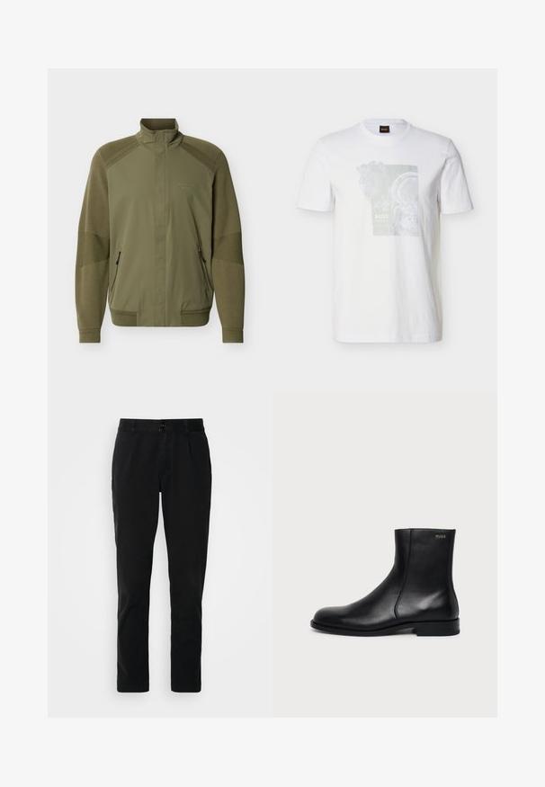 Veste zippée vert olive avec col montant, poignets et ourlet côtelés, manches en tricot texturé, et logo "Porsche BOSS" sur la poitrine.; T-shirt blanc à manches courtes avec col rond, arborant une impression pâle et abstraite de cernes d'arbre et un petit texte de la marque "BOSS" sur la poitrine.; Pantalons noirs en coton, présentant une coupe droite, des poches avant, une fermeture à bouton et une texture lisse et mate.; Bottine en cuir noir à talon bas, couture latérale et petit logo "HUGO" sur le revers supérieur sur un fond uni.