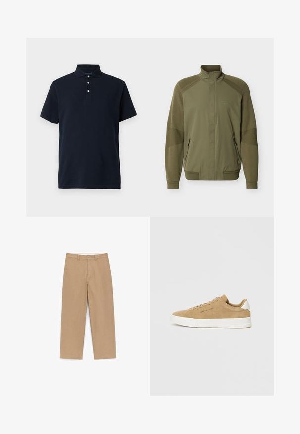 Olijfgroene jack met ritssluiting, hoge kraag, geribbelde manchetten en zoom, gestructureerde gebreide mouwen en "Porsche BOSS" logo op de borst.; Marineblauwe polo met korte mouwen en een kraag, voorzien van drie witte knopen op de sluiting, weergegeven tegen een effen achtergrond.; Beige wijde broek met een gladde textuur, taille op middenhoogte, riemlussen en twee zakken aan de voorkant. Strakke stikdetails en zonder patronen.; Beige suède sneakers met een witte rubberen zool, ronde neus, platte veters en een subtiel logo op de zijkant. Soepele textuur en minimalistisch ontwerp.