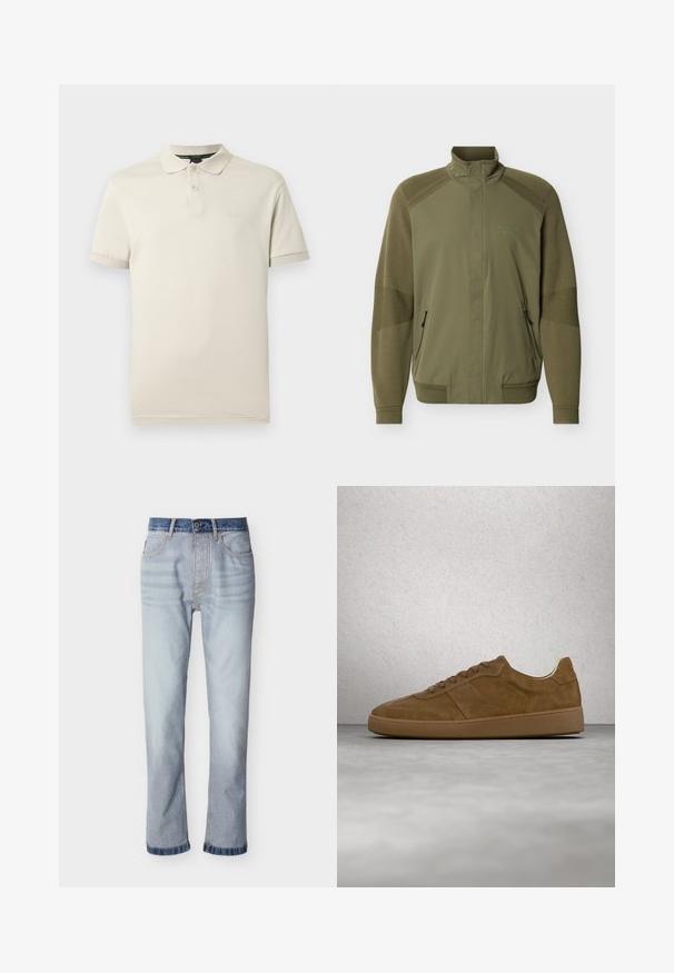 Veste zippée vert olive avec col montant, poignets et ourlet côtelés, manches en tricot texturé, et logo "Porsche BOSS" sur la poitrine.; Polo beige en coton léger, doté d'un col classique, d'une patte de boutonnage à trois boutons et d'une discrète broderie de logo sur la poitrine.; Jean denim bleu clair avec une ceinture bleu foncé, coupe droite, cinq poches et détails de couture visibles.; Baskets en daim marron avec des lacets couleur fauve et une semelle en caoutchouc. Présente un bout arrondi et des détails cousus sur la tige. Design léger.