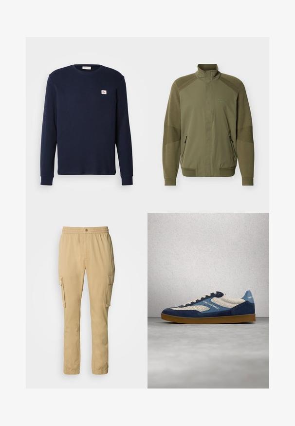 Olijfgroene jack met ritssluiting, hoge kraag, geribbelde manchetten en zoom, gestructureerde gebreide mouwen en "Porsche BOSS" logo op de borst.; Marineblauwe langemouwen overhemd van gestructureerde stof, met een ronde hals en een klein CK-logo op de linkerborst.; Beige cargobroek met een elastische tailleband, een knoop aan de voorkant en zijzakken. Gemaakt van zachte, duurzame stof met een effen textuur.; Witte en marineblauwe Karl Lagerfeld sneaker met gestructureerd mesh en een gumzool, zwevend boven een grijze gepolijste vloer met een achtergrond van glazen blokken.