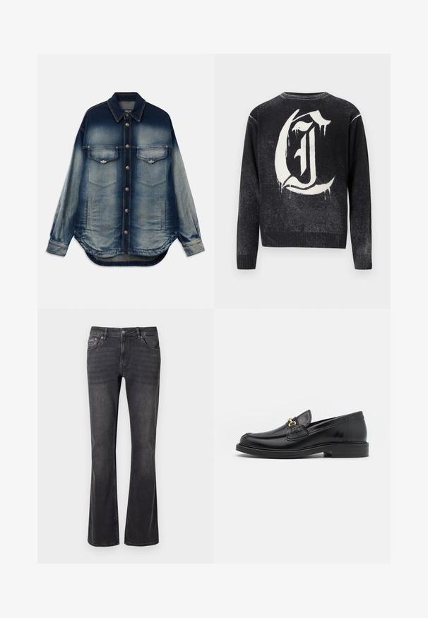Chaqueta de mezclilla con un degradado azul, dos bolsillos en el pecho, botones plateados, mangas largas y un diseño de dobladillo curvado.; Suéter negro de cuello redondo con una gran letra "G" en estilo gótico blanca en la parte posterior, con un efecto de pintura goteante.; Jeans de mezclilla negra con diseño acampanado, cinco bolsillos y cierre de botón metálico. La tela tiene una textura suave con un ligero desgaste.; Mocasines de cuero negro con punta redondeada, que cuentan con un detalle de herrajes dorados y costuras, situados sobre una suela de goma texturizada y baja.