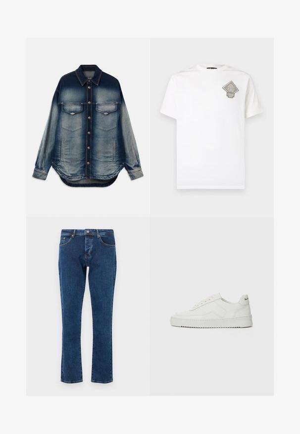 Veste en jean avec un dégradé de bleu, deux poches sur la poitrine, des boutons argentés, des manches longues et une conception à ourlet arrondi.; T-shirt en coton blanc avec un logo gris en forme de losange sur la poitrine gauche. Manches courtes, col rond et coupe standard.; Jean en denim bleu foncé avec une coupe droite, cinq poches et un bouton métallique à la taille. Texture lisse avec une décoloration minimale.; Baskets en cuir blanc avec une finition lisse, bout arrondi, lacets plats et semelle texturée. Présente un logo discret sur le talon.