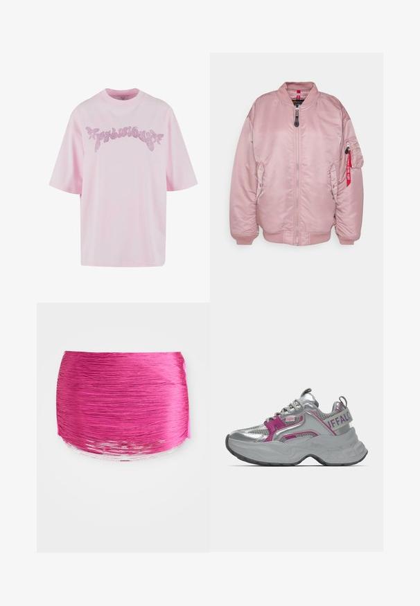 Alpha Industries CORE - Μπουφάν τύπου bomber - silver pink; Ροζ βαμβακερό μπλουζάκι με χαλαρή εφαρμογή. Διαθέτει κοντά μανίκια και μια διακοσμητική, λαμπερή ρινοστόν σχεδίαση κειμένου μπροστά.; Ροζ πτυχωτός ύφασμα με οριζόντιες γραμμές, στρογγυλή μορφή και αντίθεση με γυαλιστερό άκρο. Υφή με ζωηρό χρώμα και λεία φινίρισμα.; Χοντρό ασημί αθλητικό παπούτσι με ροζ λεπτομέρειες, διάτρητα πάνελ, παχιά σόλα και λογότυπο "Buffalo" στο λουράκι της φτέρνας και στο πλάι.