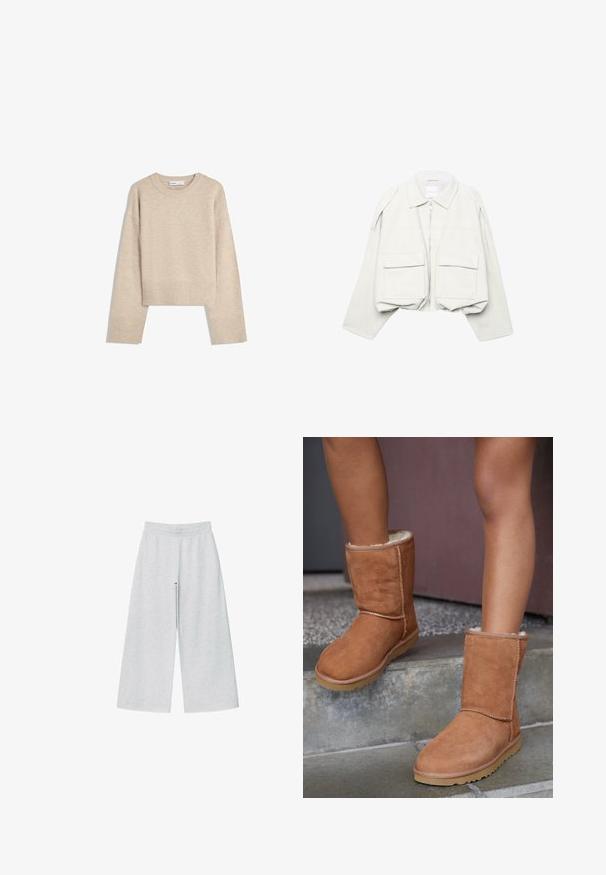 Lysebeige, cropped jakke med lange ærmer, krave, lynlås foran og to store klaplommer foran.; Beige cropped sweater lavet af blød strik. Har rund halsudskæring, lange ærmer samt ribbede manchetter og kant for ekstra tekstur.; Lys grå vidtgående bukser lavet af blødt stof med elastisk talje. Designet har en løs pasform for komfort og bevægelsesfrihed.; Brune ruskind ankelstøvler med rund tå, blødt foer og gummisål, der har synlige stikninger langs sømmene.