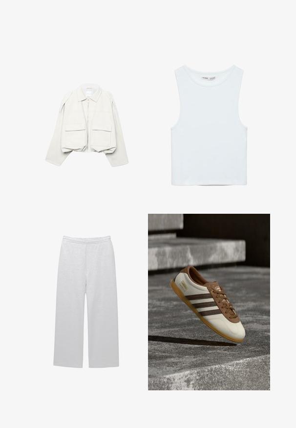 Veste courte beige clair avec manches longues, col, fermeture éclair à l'avant et deux grandes poches à rabat sur le devant.; Crop top blanc sans manches avec col rond, en tissu lisse, étiqueté Pull&Bear, adapté pour un usage décontracté.; Pantalons blancs à jambes larges en tissu doux avec une taille élastique et deux poches latérales ; texture lisse et détails minimaux.; Baskets Adidas Gazelle blanches et marron avec semelle gomme flottant au-dessus de marches en pierre et du sol dans un environnement extérieur.