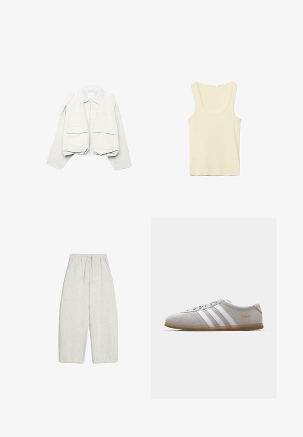Veste courte beige clair avec manches longues, col, fermeture éclair à l'avant et deux grandes poches à rabat sur le devant.; Débardeur sans manches couleur crème avec encolure dégagée et coutures simples, présenté sur un fond blanc.; Pantalon de survêtement gris clair, à taille large, confectionné dans un mélange de coton doux, avec une ceinture élastique munie d'un cordon ajustable et des poches latérales.; Baskets en daim gris avec des rayures en cuir blanc et un logo doré. Semelle en gomme plate, bout rond et design classique à lacets.