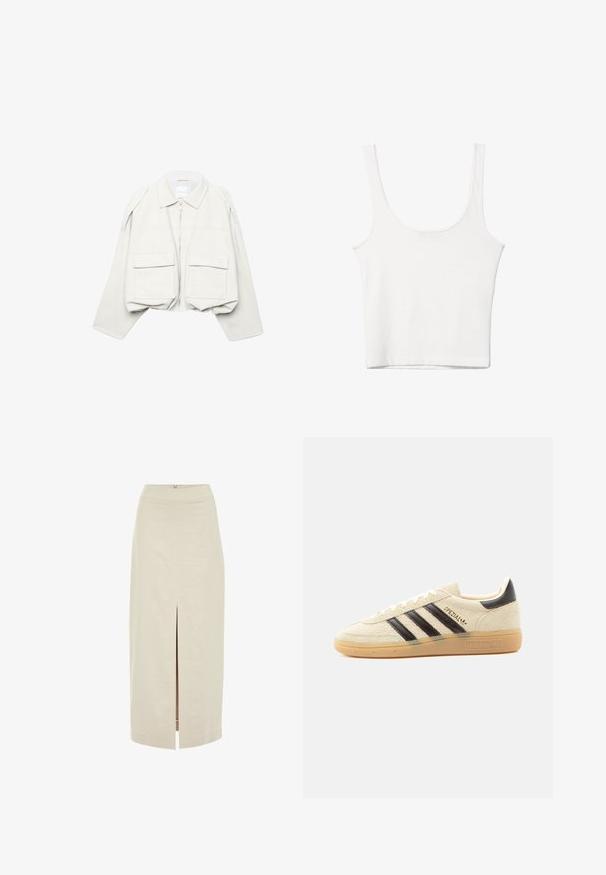 Lichtbeige cropped jas met lange mouwen, kraag, ritssluiting aan de voorkant en twee grote klepzakken aan de voorkant.; Witte katoenen tanktop met een ronde halslijn, zonder mouwen en een getailleerde vorm. Soepele textuur, eenvoudig ontwerp en minimale stikdetails.; Lichtbeige midi-jurk met een rechte snit en een centrale voorknip. Gemaakt van een gladde stof met een verborgen rits aan de achterkant.; Crèmekleurige suède sneaker met zwarte strepen, rubberen zool, zwart hieltabje en gouden "SPEZIAL" tekst aan de zijkant.